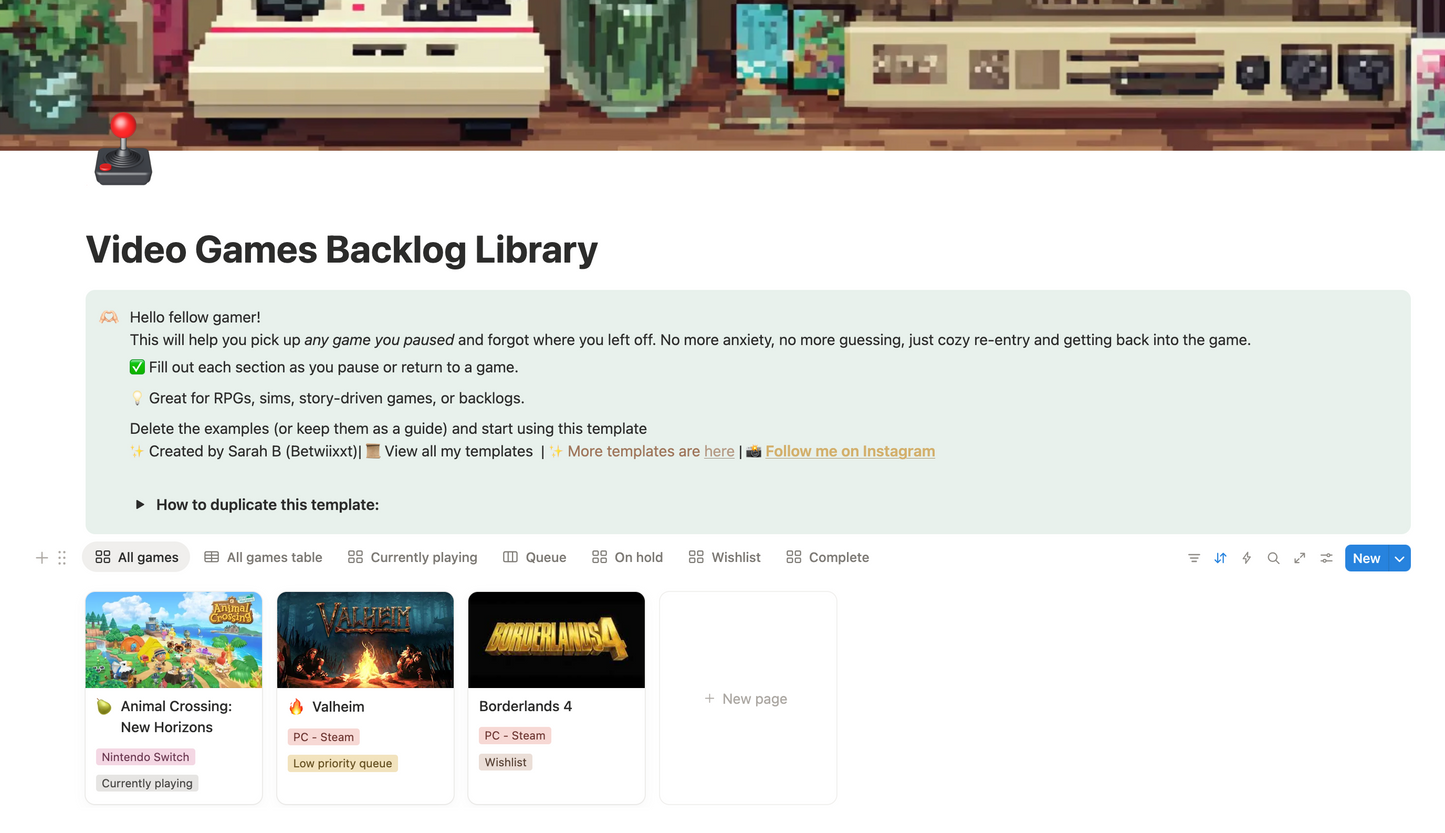 Video Game Backlog Library Notion Template