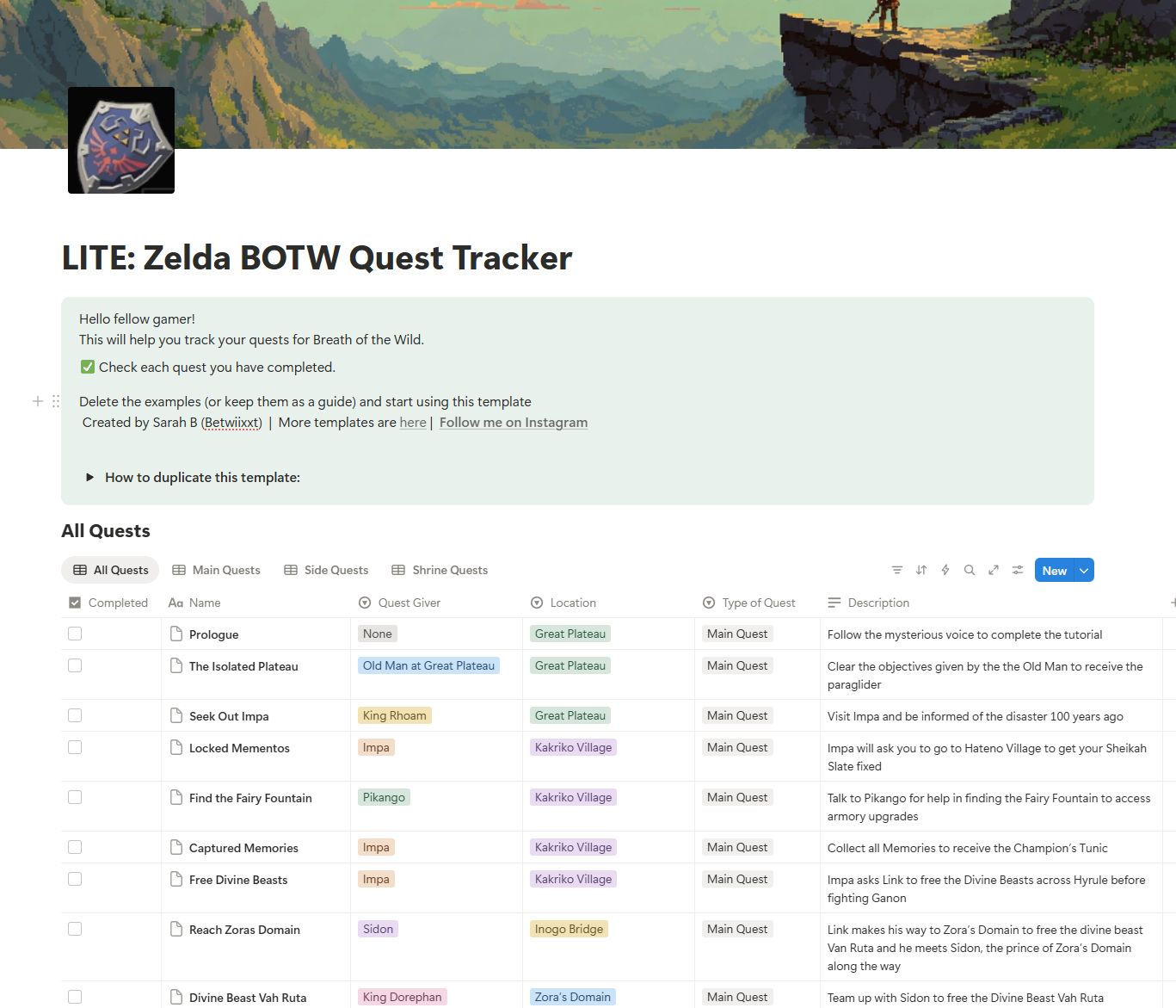 FREE Breath of The Wild Quest Tracker, Notion Template