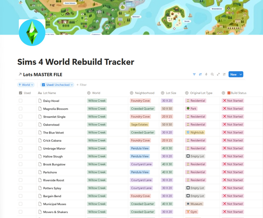 The Sims 4 World Rebuild Tracker Notion Template