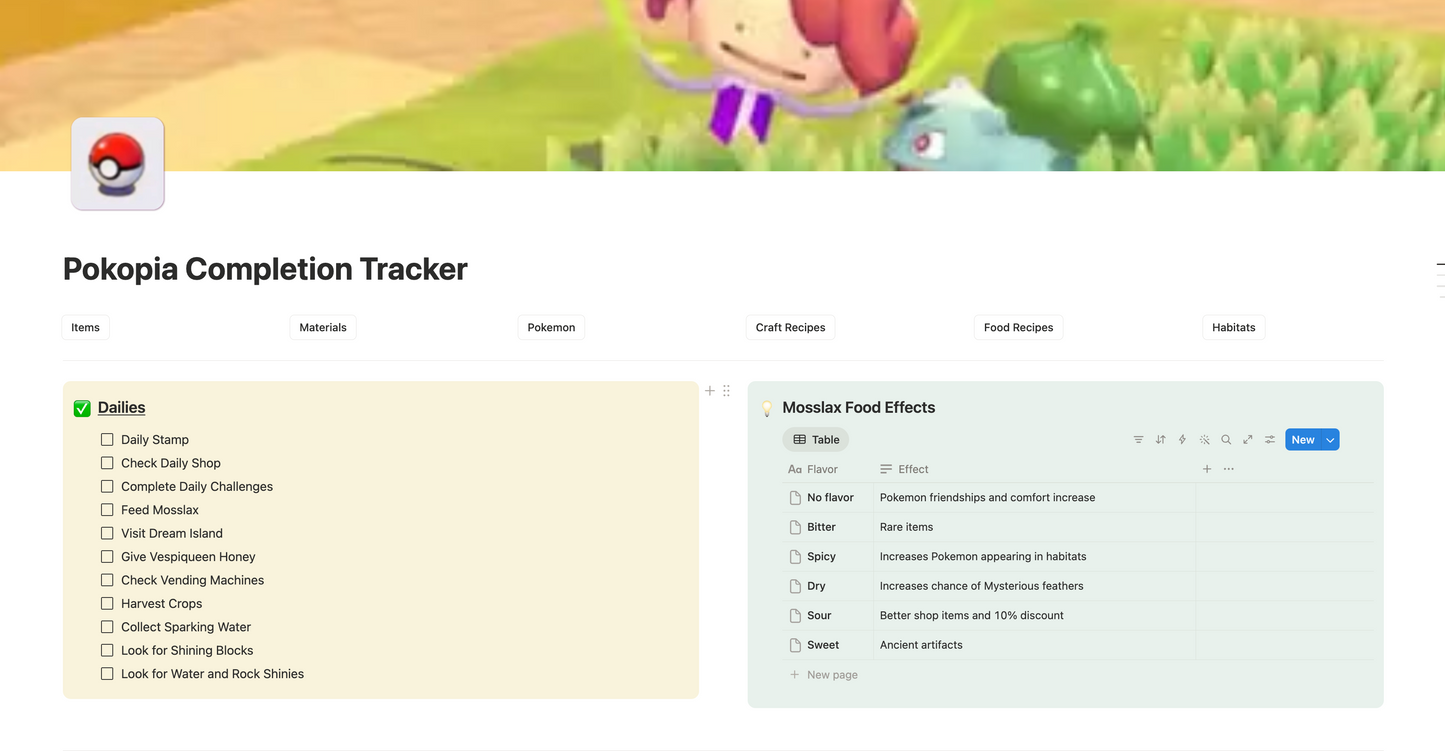 Pokopia Completion Tracker, Notion Template