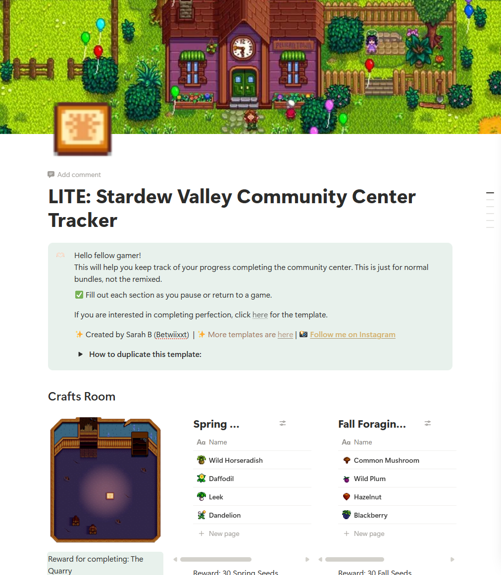 FREE Stardew Valley Community Center Tracker, Notion Template